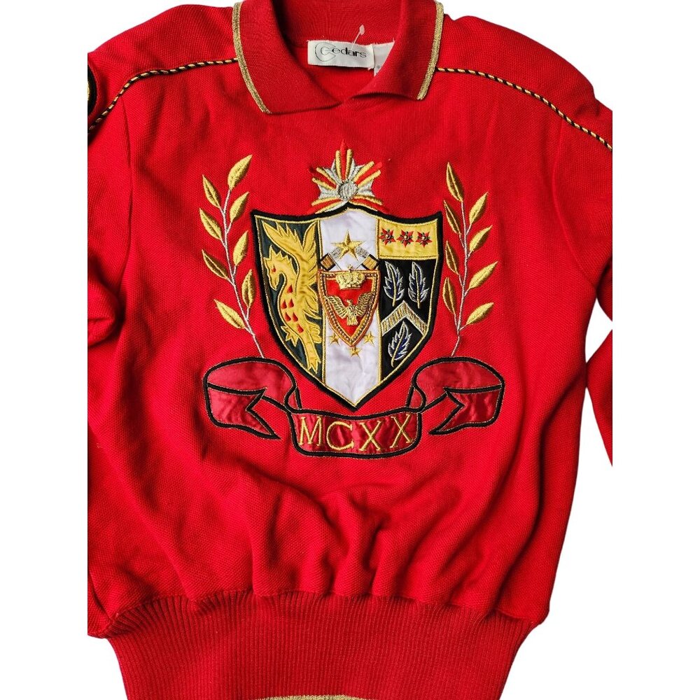 Vintage 80s 90s Red Crest Sweater with Gold Details Retro Streetwear Medium Top - Picture 4 of 7